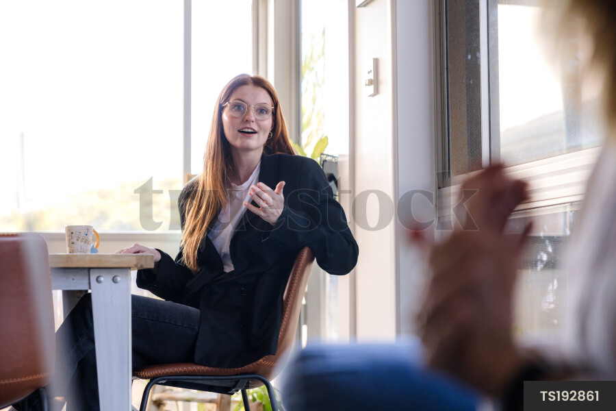 Coworkers talking while working in house