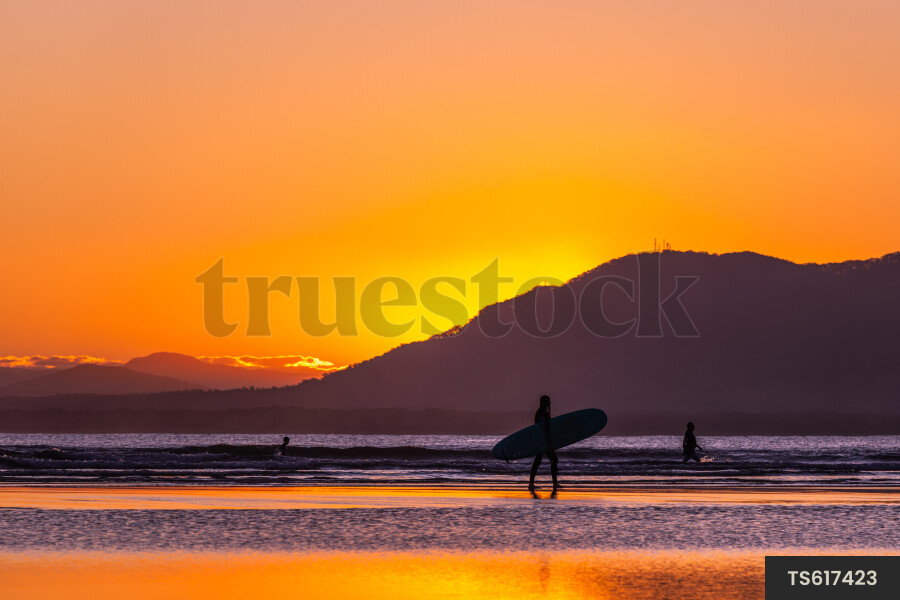 Silhouette of people with surfboards on beach at sunset
