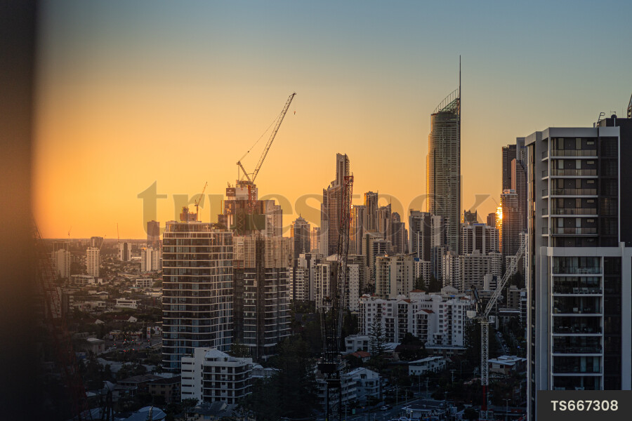 Scenic view of cityscape at sunset