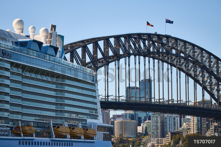 Sydney harbour bridge with cruise liner in front