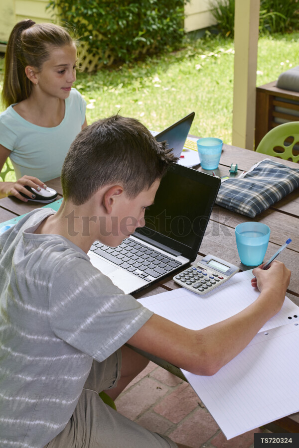 TS720324 Children Doing Homework at Home Outside by Rowena Naylor ...
