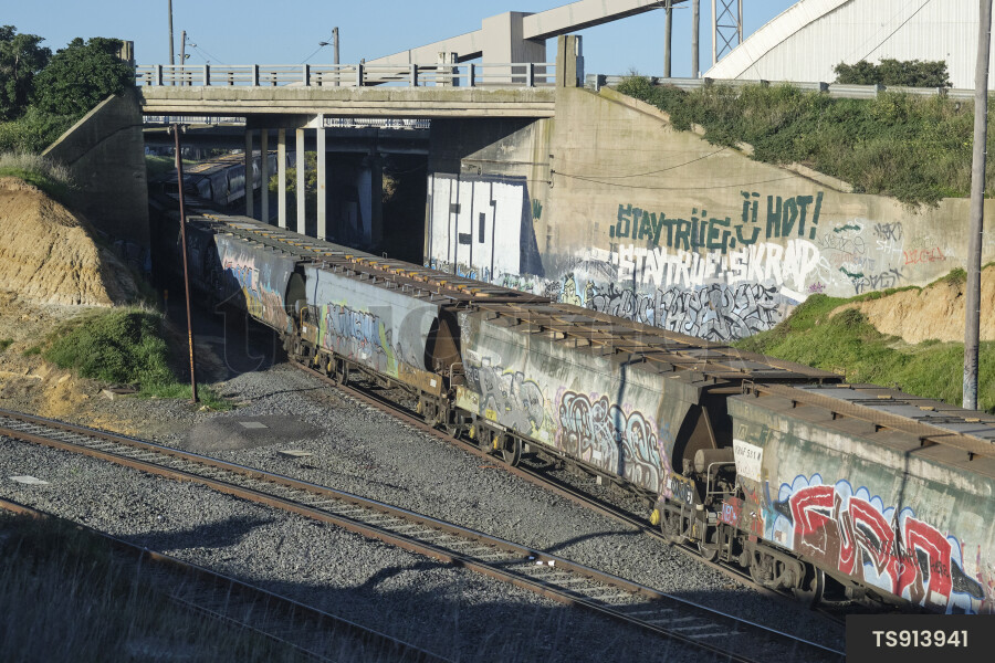 Train with graffiti under overpass